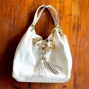 Michael Kors White Leather Purse/Bag With Yellow Gold Accents & Tassels